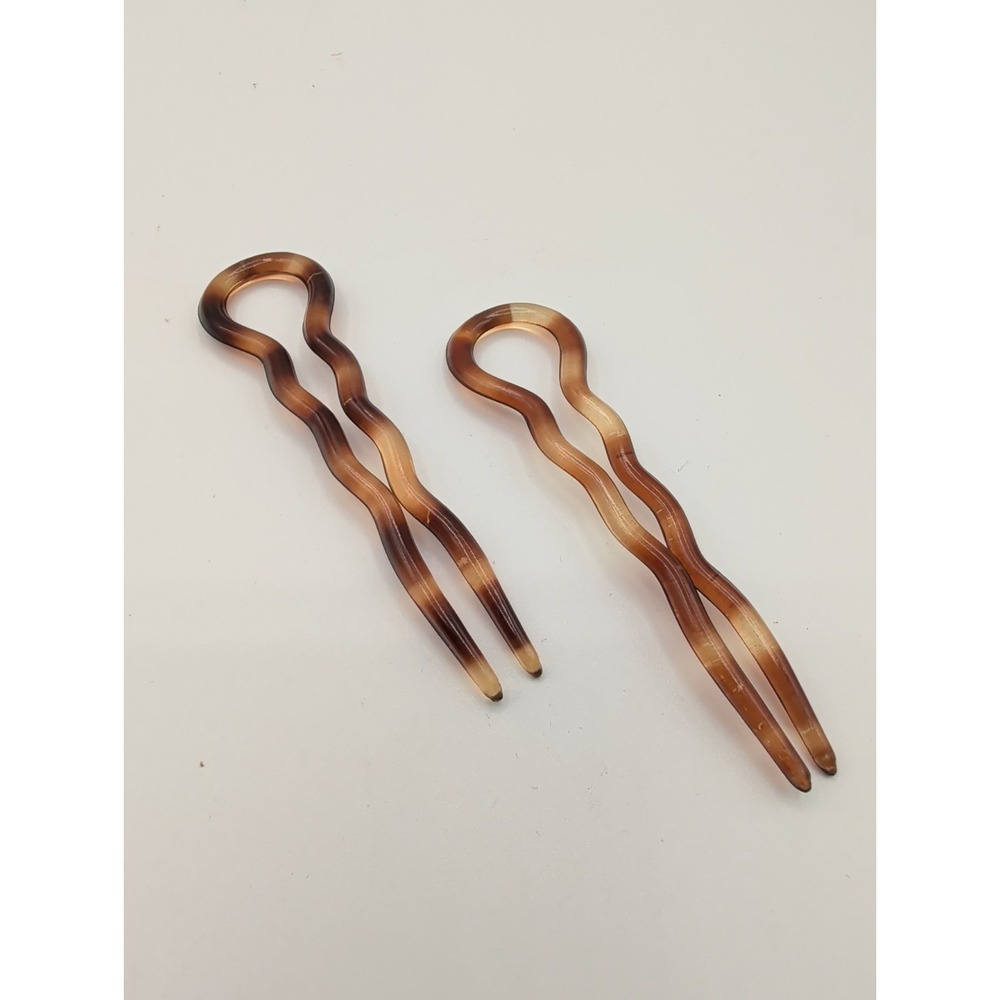 2 Vtg Parcelona French Slick Tortoise Shell 3.5 Inch U Shaped Chignon Hair Pins